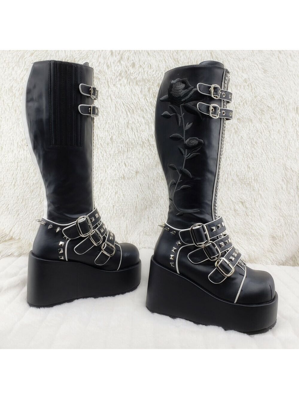 NIB DEMONIA Concord Black Platform Rose Goth Studded Knee Boots 4" Wedge - Picture 5 of 12